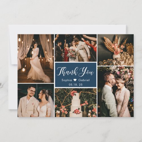 Elegant Script Navy Wedding Multi Photo Collage Thank You Card