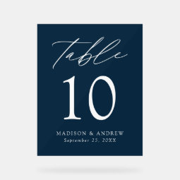 Elegant Script Navy Wedding Table Number Acrylic Sign | Zazzle