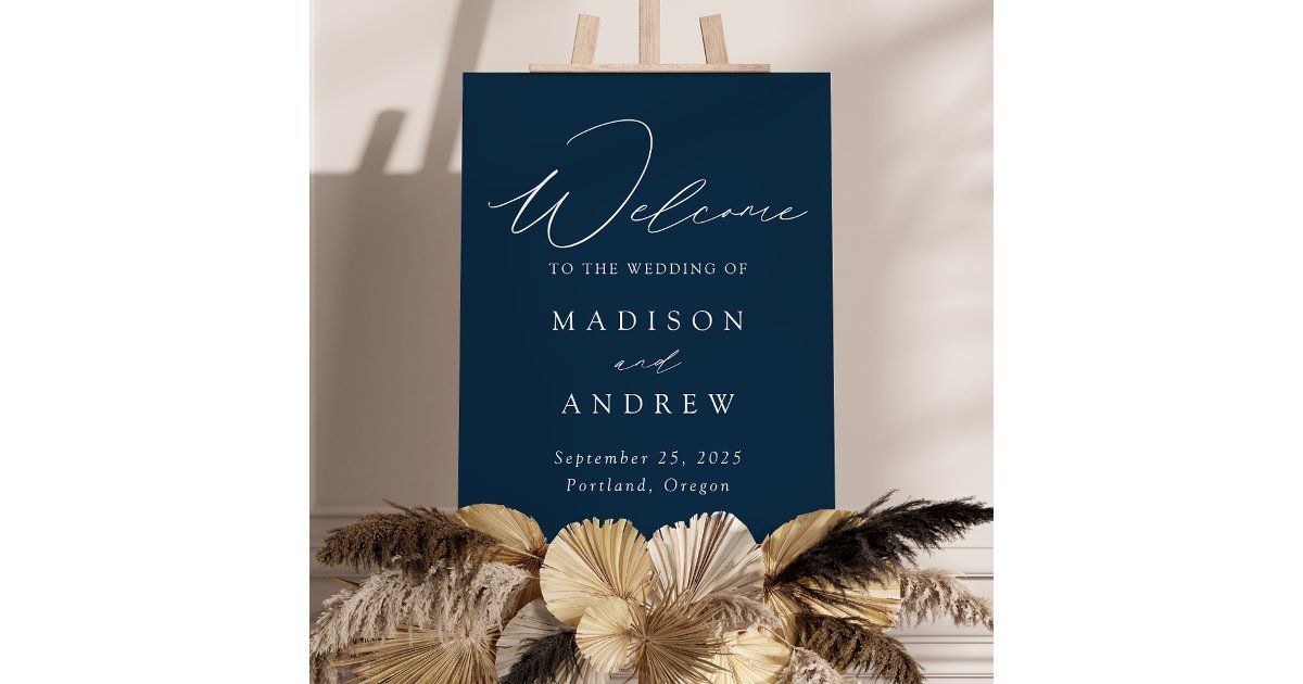 Elegant Script Navy Wedding Welcome Sign | Zazzle
