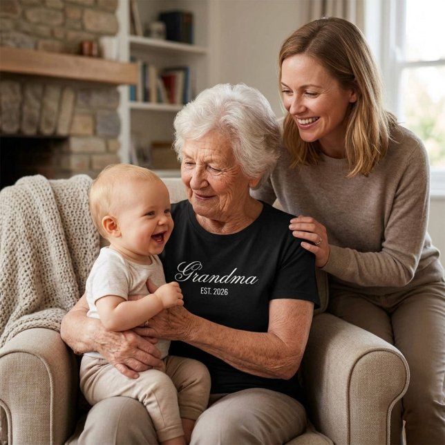 Elegant Script New Grandma Est Date T-Shirt (Elegant Script New Grandma Est Date T-Shirt, White Elegant Typography on a black T-Shirt)