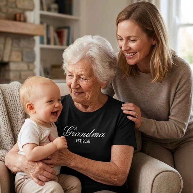Elegant Script New Grandma Est Date T-Shirt (Elegant Script New Grandma Est Date T-Shirt, White Elegant Typography on a black T-Shirt)