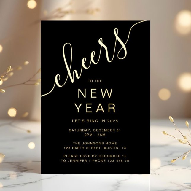 Elegant Script New Year Party Gold Foil Invitation (Elegant Script New Year's Eve Party Gold Foil Invitation)