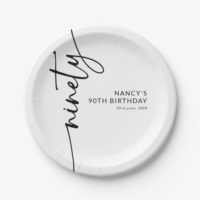Elegant Script Ninety 90th Birthday Paper Plates (Front)