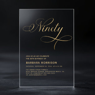 Elegant Script Ninety Black Gold 90th Birthday Acrylic Invitations