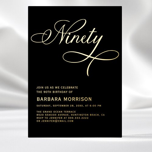 Elegant Script Ninety Black Gold 90th Birthday