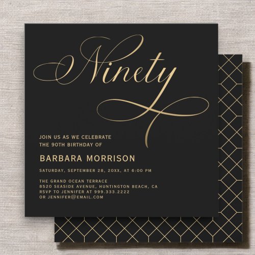 Elegant Script Ninety Black Gold 90th Birthday