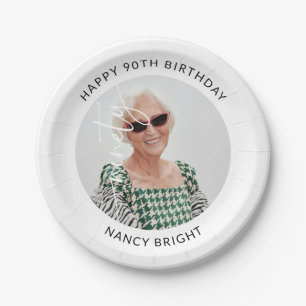 Elegant Script Ninety Photo 90th Birthday Paper Plates