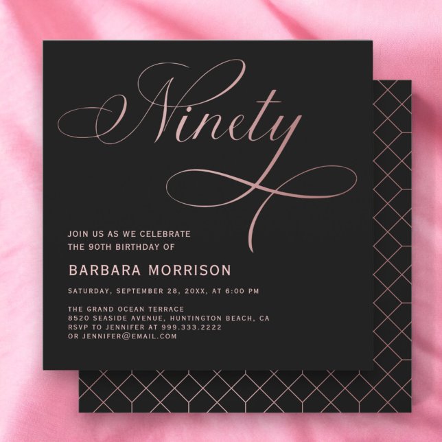 Elegant Script Ninety Rose Gold 90th Birthday Invitation (Creator Uploaded)