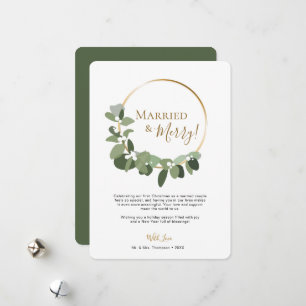 Elegant Script Non photo Wreath Married and Merry  Holiday Card