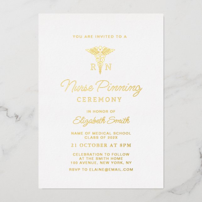 elegant script nurse pinning ceremony foil invitation (Front)