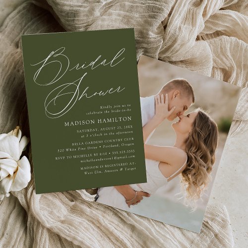 Elegant Script Olive Green Photo Bridal Shower Invitation