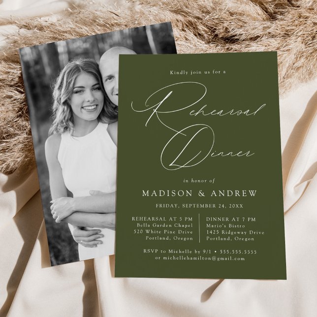 Elegant Script Olive Green Photo Rehearsal Dinner Invitation (Creator Uploaded)