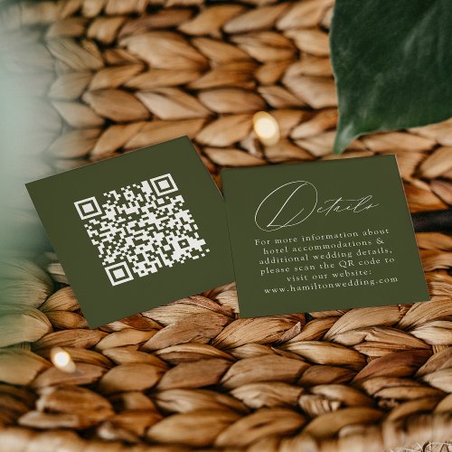 Elegant Script Olive Green QR Code Wedding Details Enclosure Card