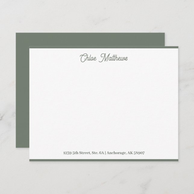 Elegant Script Olive Green Stationery Border Note Card (Front/Back)