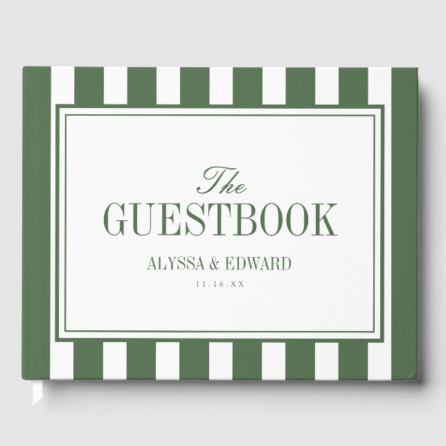 Elegant Script Olive Green Stripes Wedding Names Guest Book (Front)