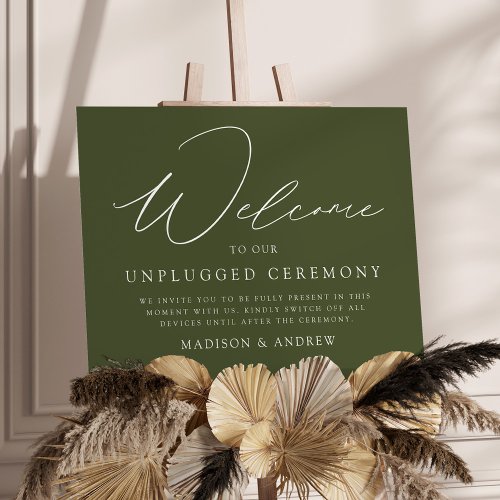 Elegant Script Olive Green Unplugged Ceremony Sign