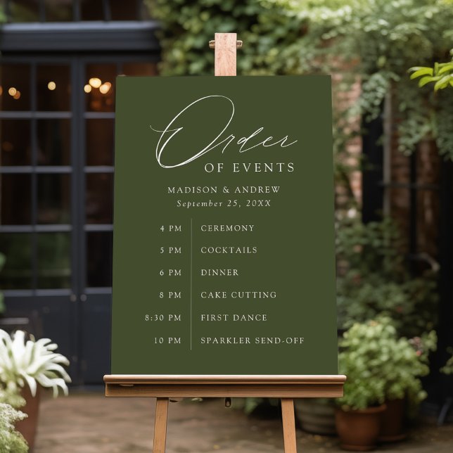 Elegant Script Olive Green Wedding Order of Events Foam Board (Creator Uploaded)