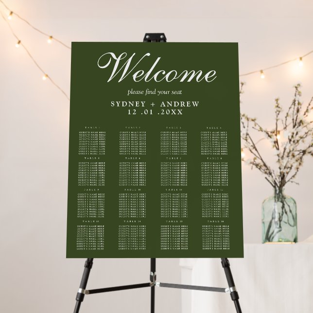 Elegant Script Olive Green Wedding Seating Chart Foam Board (In Situ (Stand))