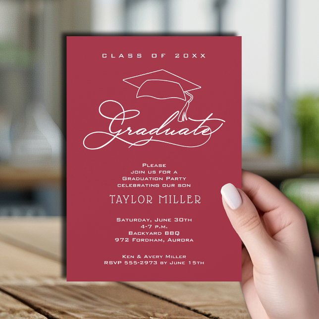 Elegant Script on Crimson Graduation Invitation (Elegant white script and grad hat crimson red graduation party invitations)