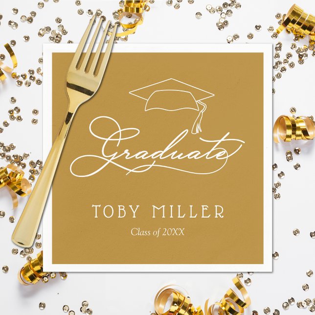 Elegant Script on Gold Graduation Napkins (White script grad cap on gold personalized graduation party napkins, paper plates in our store)
