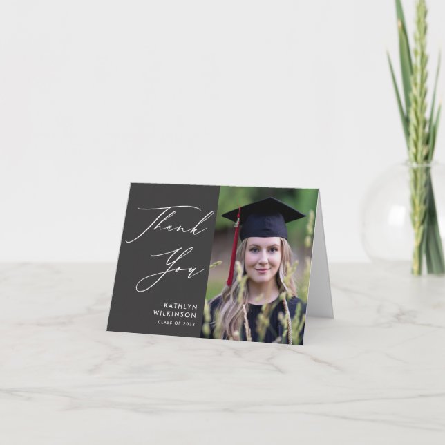 Elegant Script on Gray Minimalist Photo Graduation Thank You Card (Front)