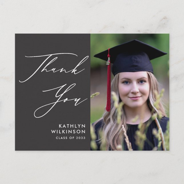 Elegant Script on Gray Simple Graduation Thank You Postcard (Front)