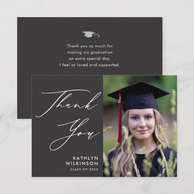 Elegant Script on Grey Minimalist Photo Graduation Thank You Card (Front/Back)