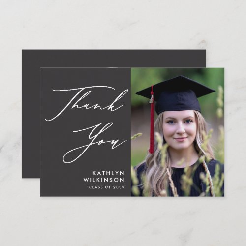 Elegant Script on Grey Minimalist Photo Graduation Thank You Card