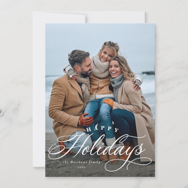 Elegant script one-photo vertical holiday card (Front)