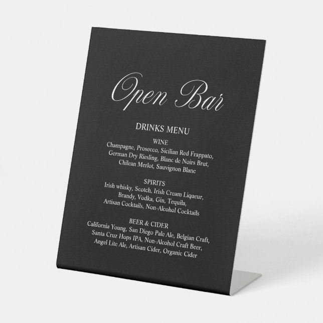 Elegant Script Open Bar Formal Black Wedding Pedestal Sign (Front)