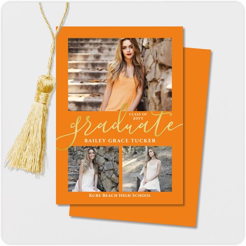 Elegant Script Orange 3_Photo Collage Graduation Announcement