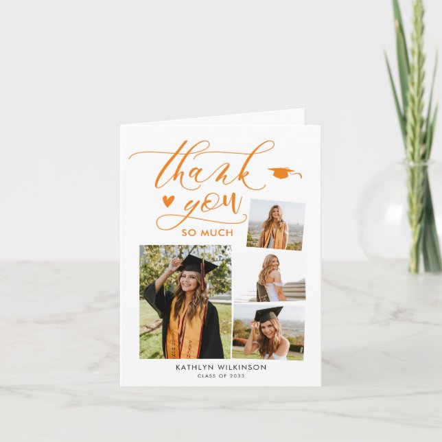 Elegant Script Orange 4 Photo College Graduation Thank You Card (Front)