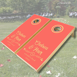 Elegant Script Orange Couple Wedding Cornhole Set