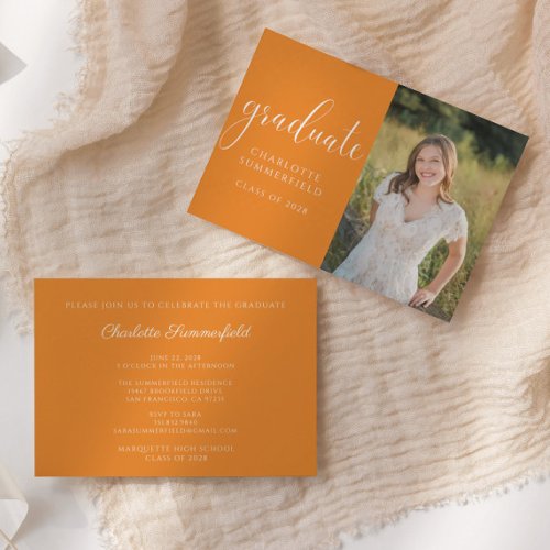 Elegant Script Orange Graduation Photo Invitation