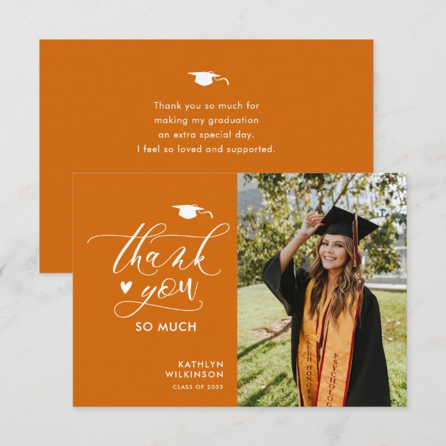 Elegant Script Orange Photo Minimalist Graduation Thank You Card (Front/Back)