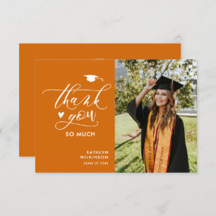 Elegant Script Orange Photo Minimalist Graduation Thank You Card