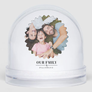 elegant script ''our family'' custom 2photo snow globe