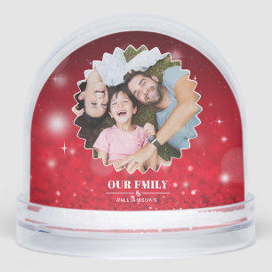 elegant script ''our family'' custom 2photo snow globe