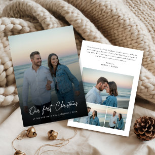 Elegant Script Our First Christmas Coastal 4 Photo Holiday Card