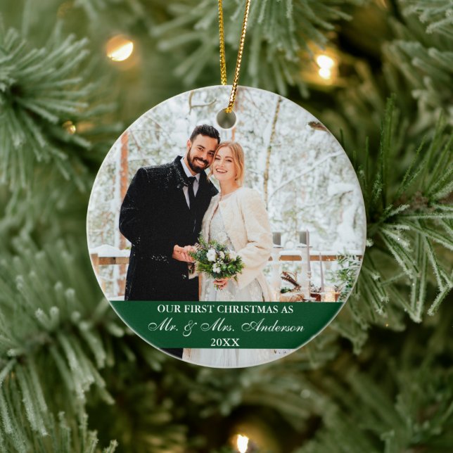 Elegant Script Our First Christmas Green Ceramic Ornament (Tree)