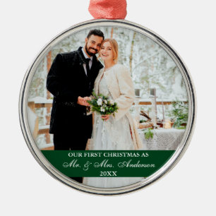 Elegant Script Our First Christmas Green Metal Ornament