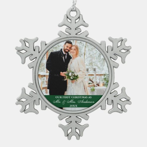 Elegant Script Our First Christmas Green Snowflake Pewter Christmas Ornament