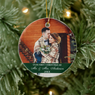 Elegant Script Our First Christmas Hunter Green Ceramic Ornament