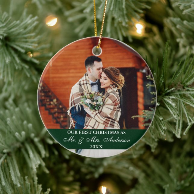 Elegant Script Our First Christmas Hunter Green Ceramic Ornament (Tree)