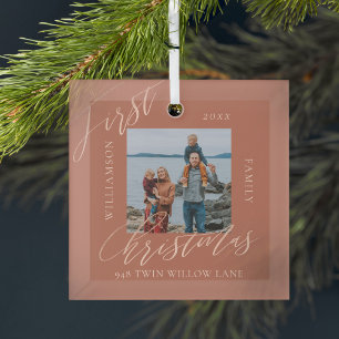 Elegant Script Our First Christmas New Home Photo Glass Ornament