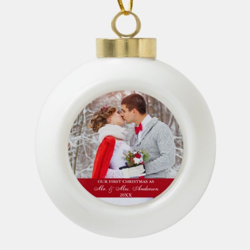 Elegant Script Our First Christmas Red Ceramic Ball Christmas Ornament