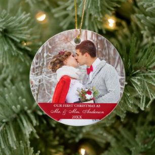 Elegant Script Our First Christmas Red Ceramic Ornament