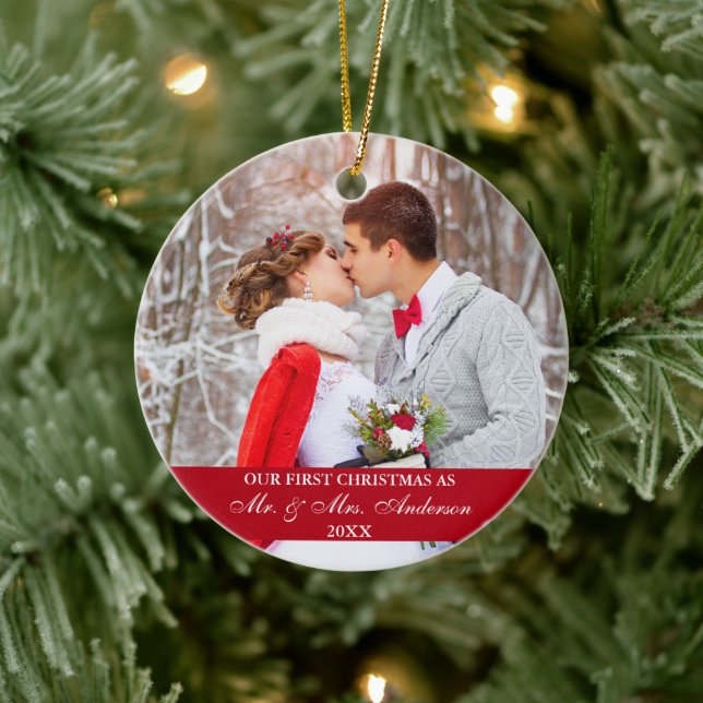 Elegant Script Our First Christmas Red Ceramic Ornament (Tree)