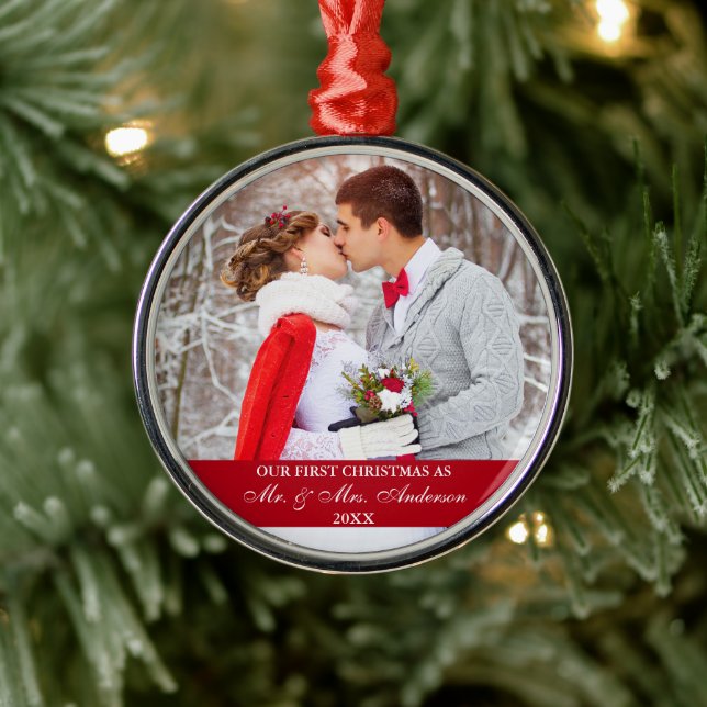 Elegant Script Our First Christmas Red Metal Ornament (Tree)