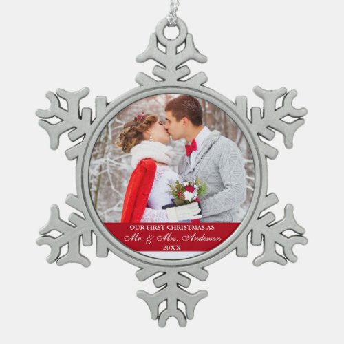 Elegant Script Our First Christmas Red Snowflake Pewter Christmas Ornament